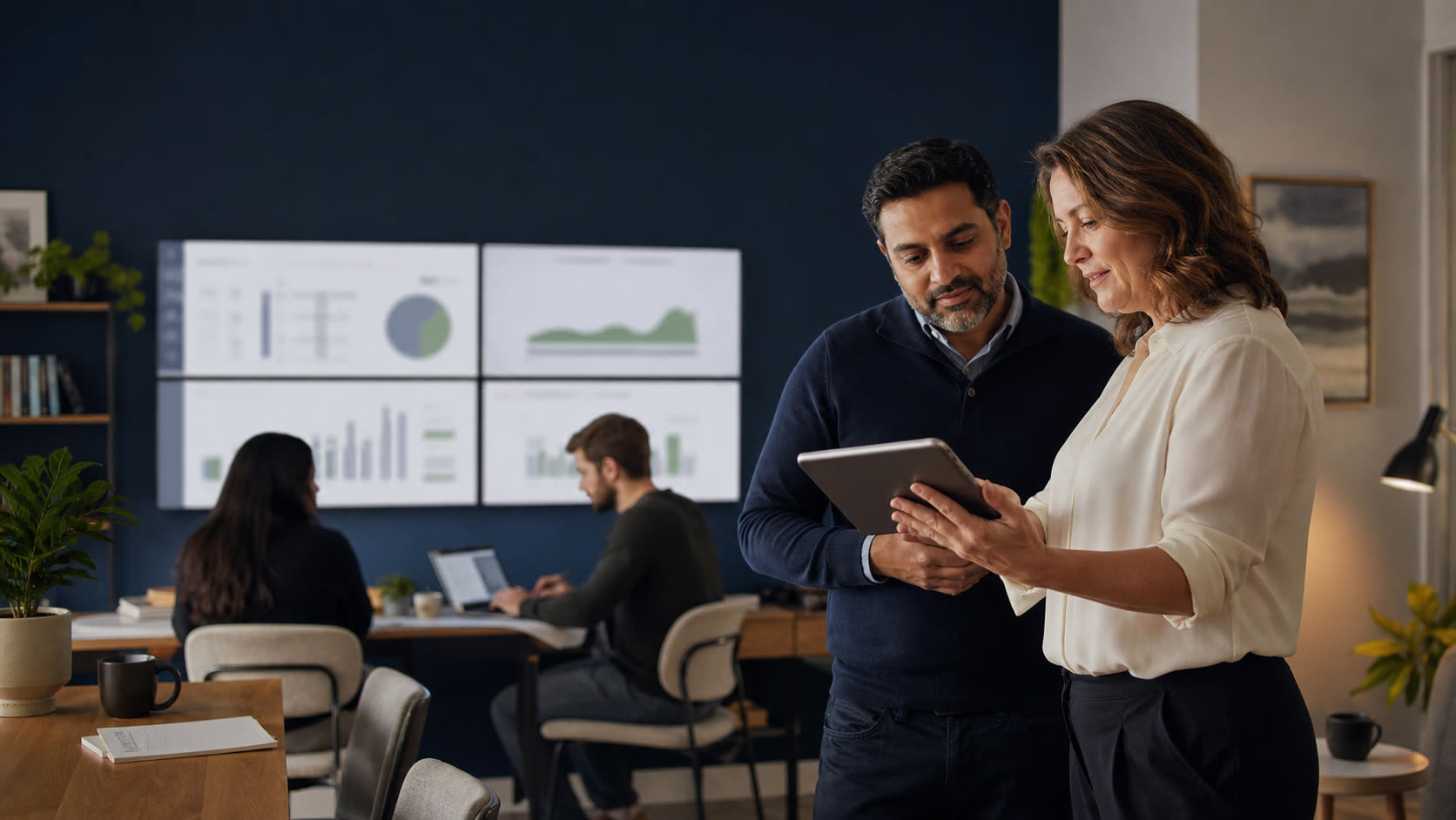 A billing-agency owner and operations lead calmly reviewing consolidated capacity and priority signals together.