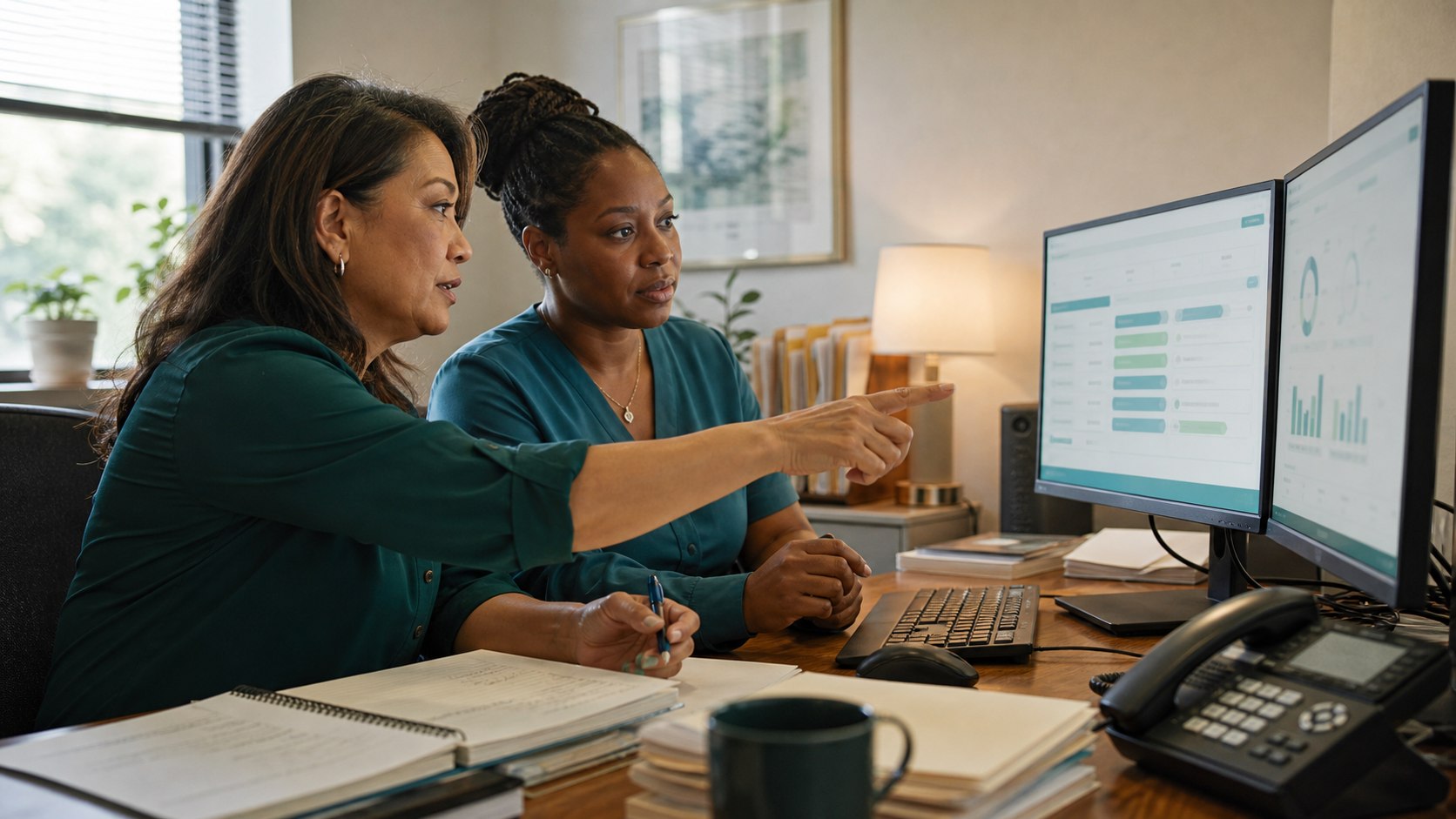 A practice manager and medical biller calmly deciding the next action together from one organized work view.