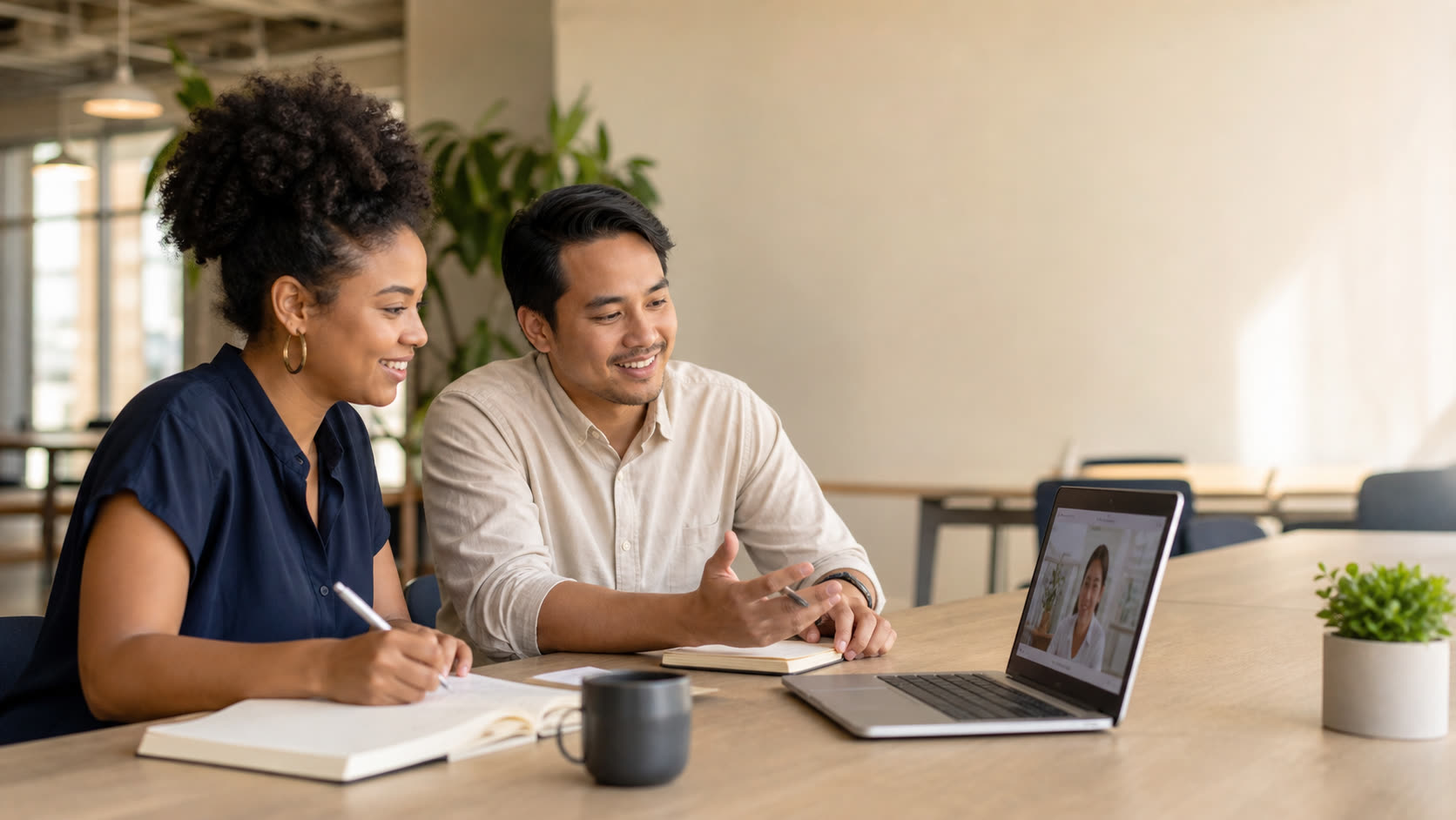 Two young community entrepreneurs preparing a warm video introduction to an independent practice owner.