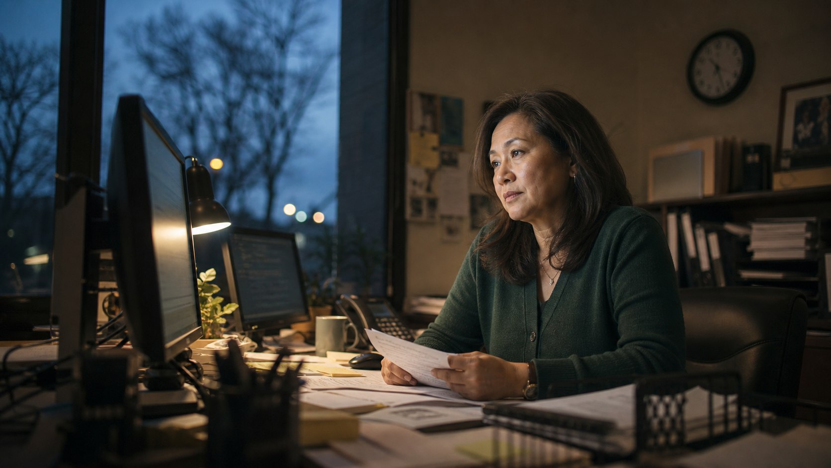 A capable practice manager working after closing between disconnected billing screens and follow-up notes.